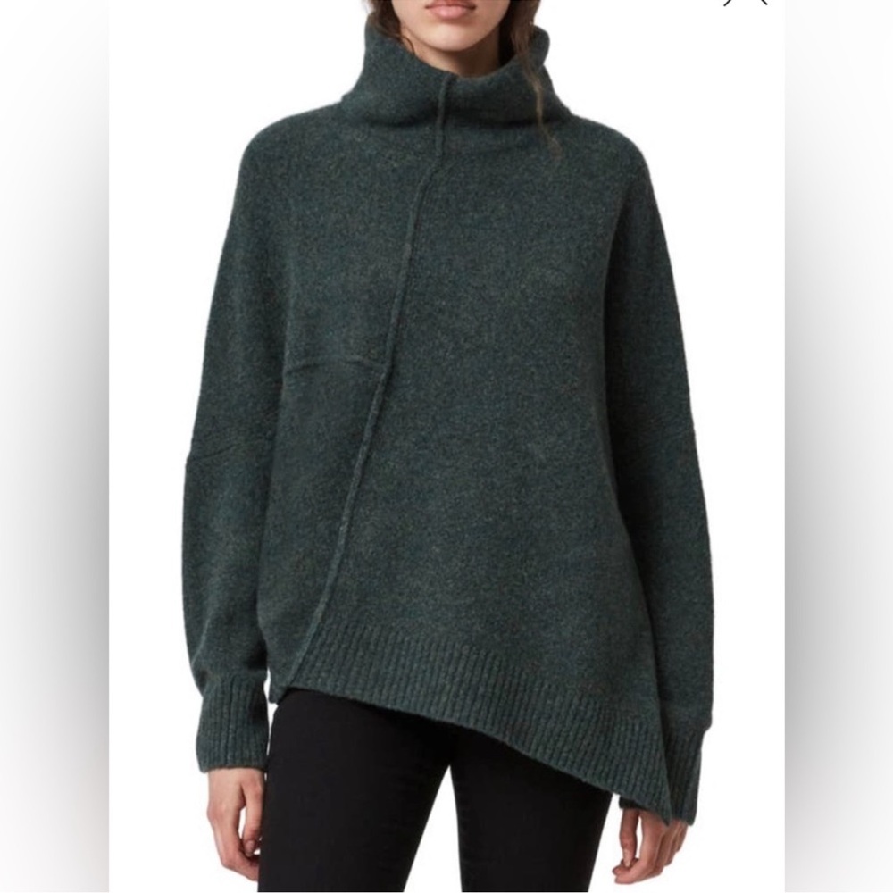 All Saints Lock Roll Neck Sweater Dusty Khaki Green Asymmetric Hem Wool Yak-S